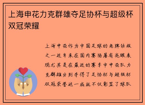 上海申花力克群雄夺足协杯与超级杯双冠荣耀