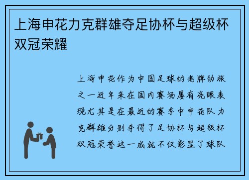 上海申花力克群雄夺足协杯与超级杯双冠荣耀
